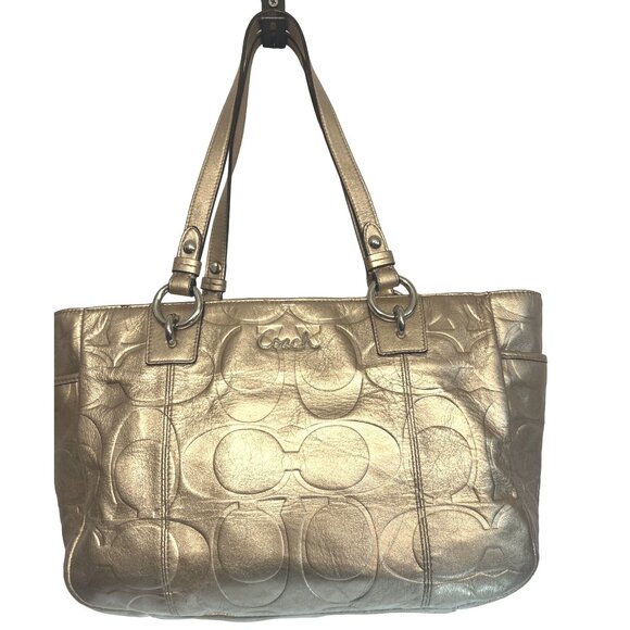 Coach East West Embossed Signature Gold Metallic Shoulder Bag Tote Purse authent - Picture 1 of 15
